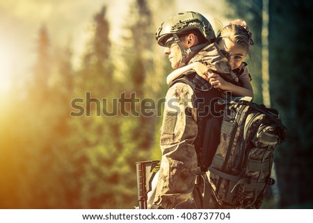 Soldier Returning Home After Years of War. Happy Daughter Welcoming Her Dad at Home. Troop Returning Concept.