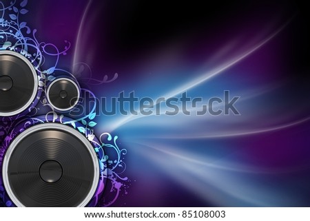 Mysterious Music - Music Background with Colorful Violet and Blue Rays, Floral Ornaments and Bass Speakers. Great Copy Space.