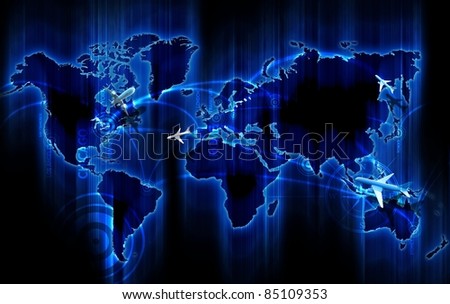Air Ways World Wide. Cool Glowing Blue World Map with Air Ways - Global Airlines Destinations. Small 3D Planes Flying Above the Map.