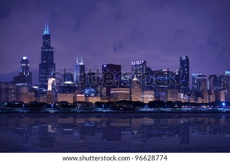 Chicago Skyline Panorama - Chicago Skyline East Side - Lake Front. Horizontal After Dark Photography