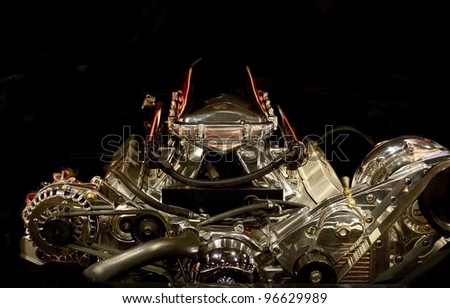 Muscle Car Engine in the Dark. Powerful American Muscle Car Gasoline Engine