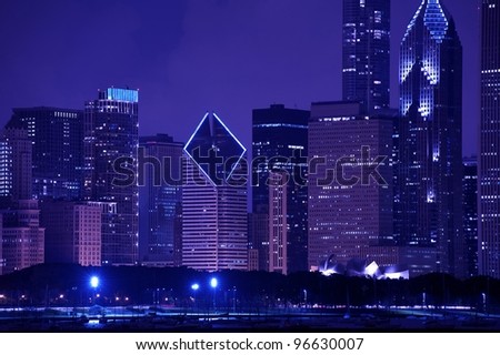 Beautiful Chicago Skyline After Dark. Purple-Blue Tones. Chicago Skyline Horizontal Photo. Chicago, Illinois, USA