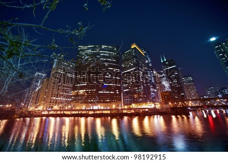 Chicago River Front - Night Time Long Exposure Photography. Downtown Chicago, Illinois, USA