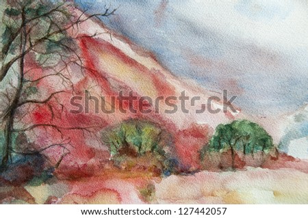 Landscape  watercolor with mountains,  painting handmade on a white paper art (I am the only author of this artwork).