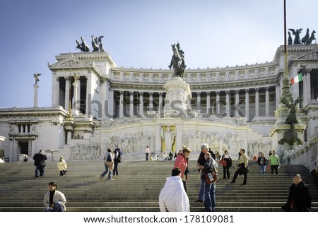 Rome, Italy - March 15,2006 :close view of tourists at Victor Emmanuel monument. also called Altare della Patria, fatherland altar,mausoleum, tomb of an unknown soldier in Piazza Venezia