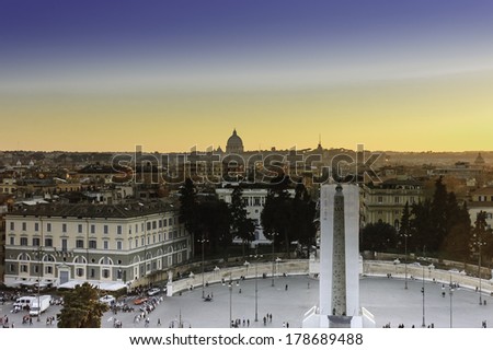 ROME, ITALY - APRIL 2, 2006 :illustrative image of  crowd on Piazza del Popolo at sunset, Rome,Italy