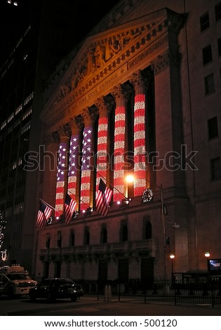 American flag illuminations on Christmas Eve on New York Stock Exchange building