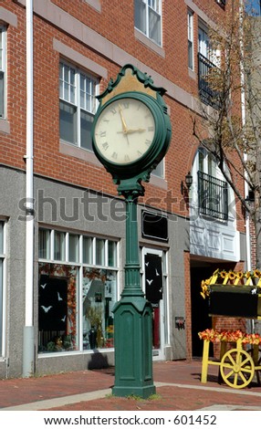 Antique Clock of Salem city and exteriors buildings of the  popular witches American city of Salem, , Massachusetts