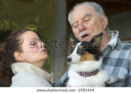Expressive portraits of a grand father, girl  and dog in Quebec country, Canada