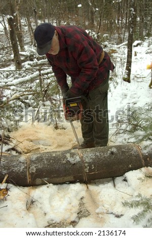 Elderly cutting logs with a chain saw by a snowy day