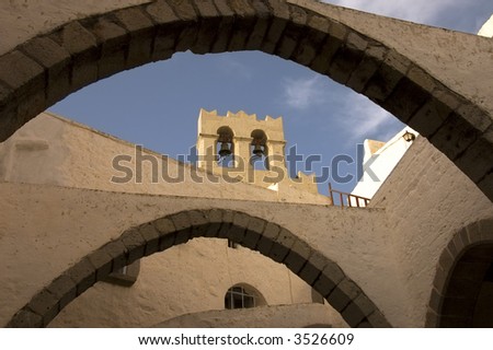 Bell tower of the Monastery St John the Theologian in Patmos island, Greece, Unesco World Heritage Site