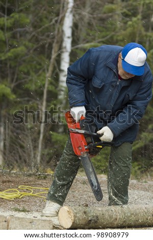 senior cutting a fallen tree with the chain saw - motion picture, Quebec, Canada