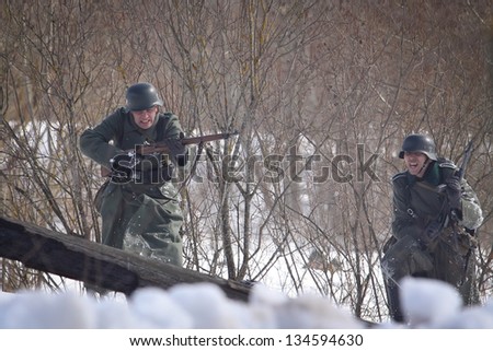 TESSOVO-NETYLSKI, RUSSIA - APR 07: Historical reenactment of the battles for the corridor supply the 2nd Shock Army (april-may 1942) on april 07, 2013 in Tessovo-Netylski, Novgorod region, Russia.