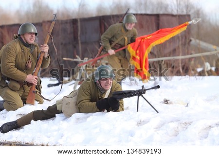 TESSOVO-NETYLSKI, RUSSIA - APR 07: Historical reenactment of the battles for the corridor supply the 2nd Shock Army (april-may 1942) on april 07, 2013 in Tessovo-Netylski, Novgorod region, Russia