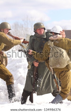 TESSOVO-NETYLSKI, RUSSIA - APR 07: Historical reenactment of the battles for the corridor supply the 2nd Shock Army (april-may 1942) on april 07, 2013 in Tessovo-Netylski, Novgorod region, Russia