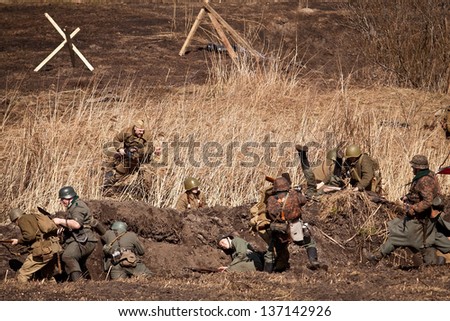 KRASNY BOR, RUSSIA - APR 28: Historical reenactment of the battles for the Krasny Bor (springtime 1943) on april 28, 2013 in Krasny Bor, Leningrad region, Russia