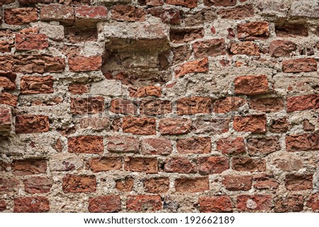 Brick wall of abandoned homestead in Gostilitsy, St. Petersburg, Russia