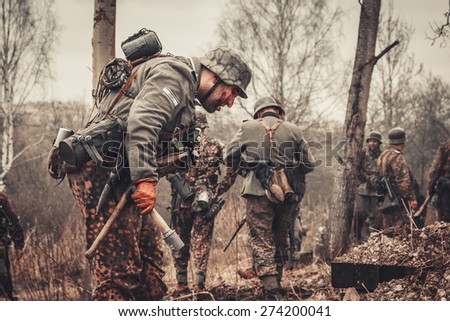 ST. PETERSBURG, RUSSIA - APR 26: Historical reenactment of the last combats of world war two in Europe on april 26, 2015 in St. Petersburg, Russia