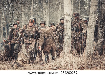 ST. PETERSBURG, RUSSIA - APR 26: Historical reenactment of the last combats of world war two in Europe on april 26, 2015 in St. Petersburg, Russia