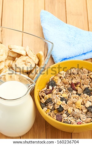 Delicious and healthy cereal in bowl with milk