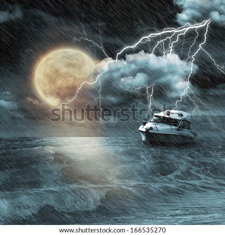 Boat in storm  evening on ocean and the moon