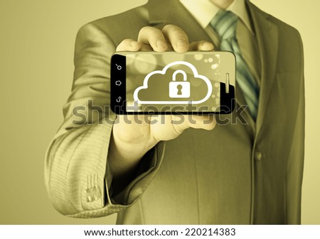 Man holds smart phone with cloud security concept on white background