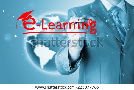 business man writing e-learning concept