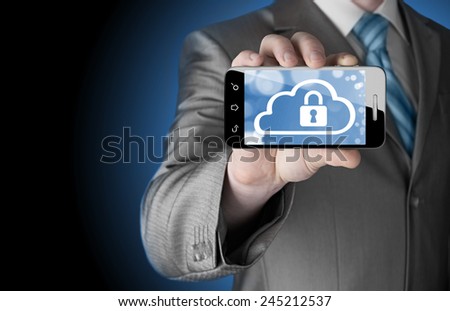 Man holds smart phone with cloud security concept on white background