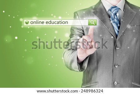 Online education written in search bar on virtual screen
