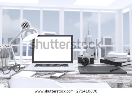 3D illustration laptop on table in office, Workspace