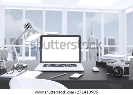 3D illustration laptop on table in office, Workspace