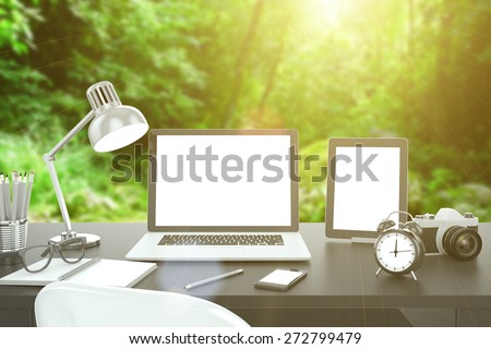 3D illustration laptop on table, Workspace on nature outdoor