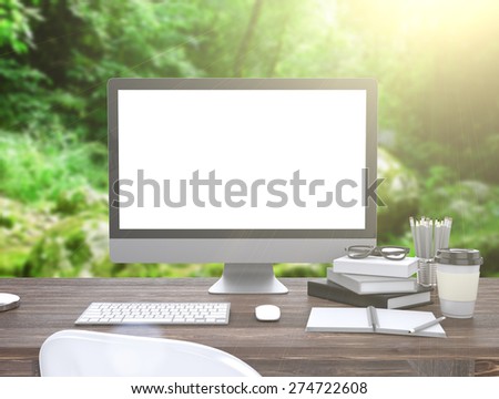 3D illustration PC screen on table outdoor  Workspace