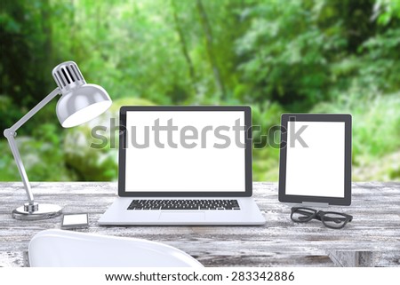 3D illustration laptop on table, Workspace