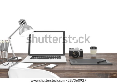 3D illustration laptop on table, Workspace