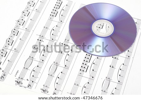 CD on sheet music. Digital music concept.