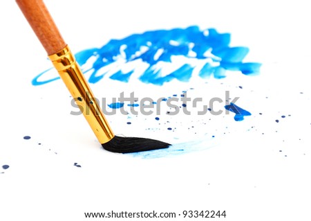 brush with blue paint stroke and stick, isolated on white