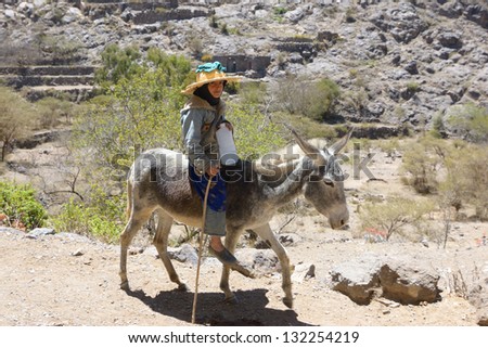 HAJJARAH, YEMEN - MARCH 14: An unidentified girl carries water on a donkey on Mar 14, 2010 in Hajjarah, Yemen. From an early age girls in the poorest countries in the world are forced to work