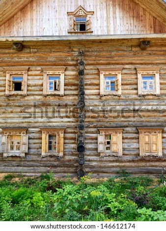 Facade of the old russian rural wooden house