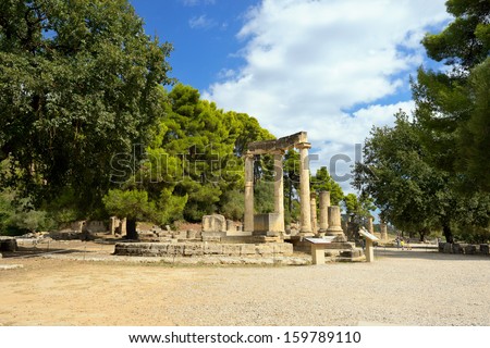 OLYMPIA, GREECE - 5 OCT: Ancient ruins of the Philippeion shown on 5 Oct 2013 in Olympia. Birthplace of the olympic games, UNESCO world heritage site and place where ignite the fire of modern Olympic