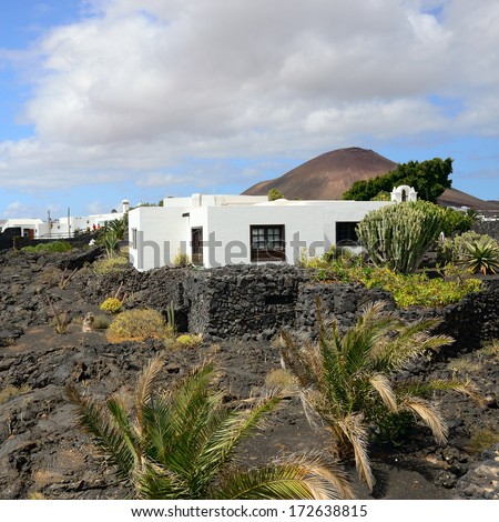 Typical  spanish houses on lava field  in Tahiche, Lanzarote, Canary Islands