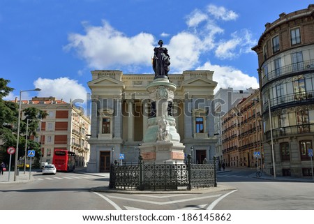 MADRID - MAR 3 2014: Prado Museum in Madrid features one of the world finest collections of European Art with over 21000 pieces. The front of the Prado Museum with monument to Maria Cristina de Borbon