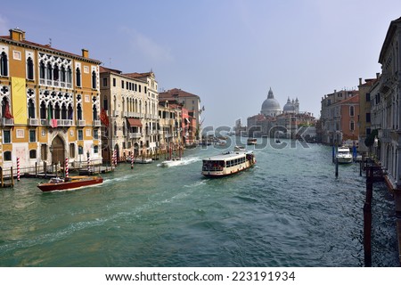 VENICE, ITALY - SEPT 21, 2014: View on the Grand Canal in Venice from Accademia bridge at sunrise. The Grand Canal is the largest canal in Venice, Italy.