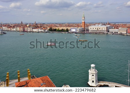 VENICE, ITALY - SEPT 21, 2014: View from above on San Marco square in Venice.Tourists from all the world enjoy the historical city of Venezia in Italy, famous UNESCO World Heritage Site