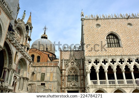 The artistic facade of the famous Basilica di San Marco (St. Mark\'s Cathedral) at Piazza San Marco (St. Mark\'s Square) in Venice, Italy