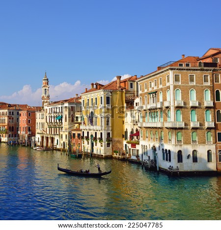 VENICE, ITALY - SEPT 21, 2014: View on the Grand Canal in Venice from Rialto bridge at sunset. The Grand Canal is the largest canal in Venice, Italy.