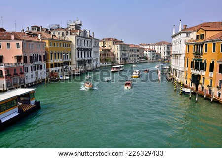 VENICE, ITALY - SEPT 21, 2014: View on the Grand Canal in Venice from Accademia bridge at morning. The Grand Canal is the largest canal in Venice, Italy.