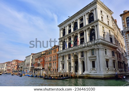 VENICE, ITALY - SEPT 24, 2014: View on Grand Canal  in Venice  at sunset. The Grand Canal is the largest canal in Venice, Italy.