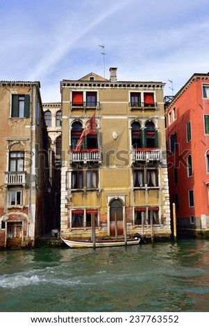Beautiful facade of buildings on Grand Canal  in Venice  at sunset. The Grand Canal is the largest canal in Venice, Italy.