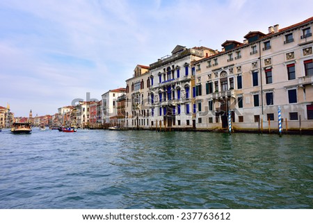 VENICE, ITALY - SEP 24, 2014: View on the Grand Canal and the house where he lived Lord Byron in Venice. The Grand Canal is the largest canal in Venice, Italy.